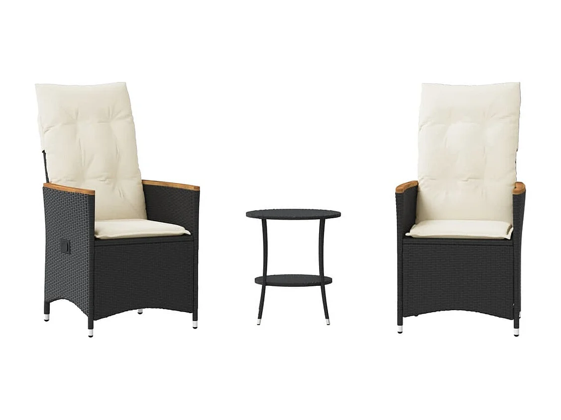 3-tlg. Bistro-Set mit Kissen Schwarz Poly Rattan