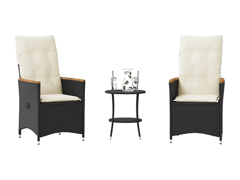 3-tlg. Bistro-Set mit Kissen Schwarz Poly Rattan