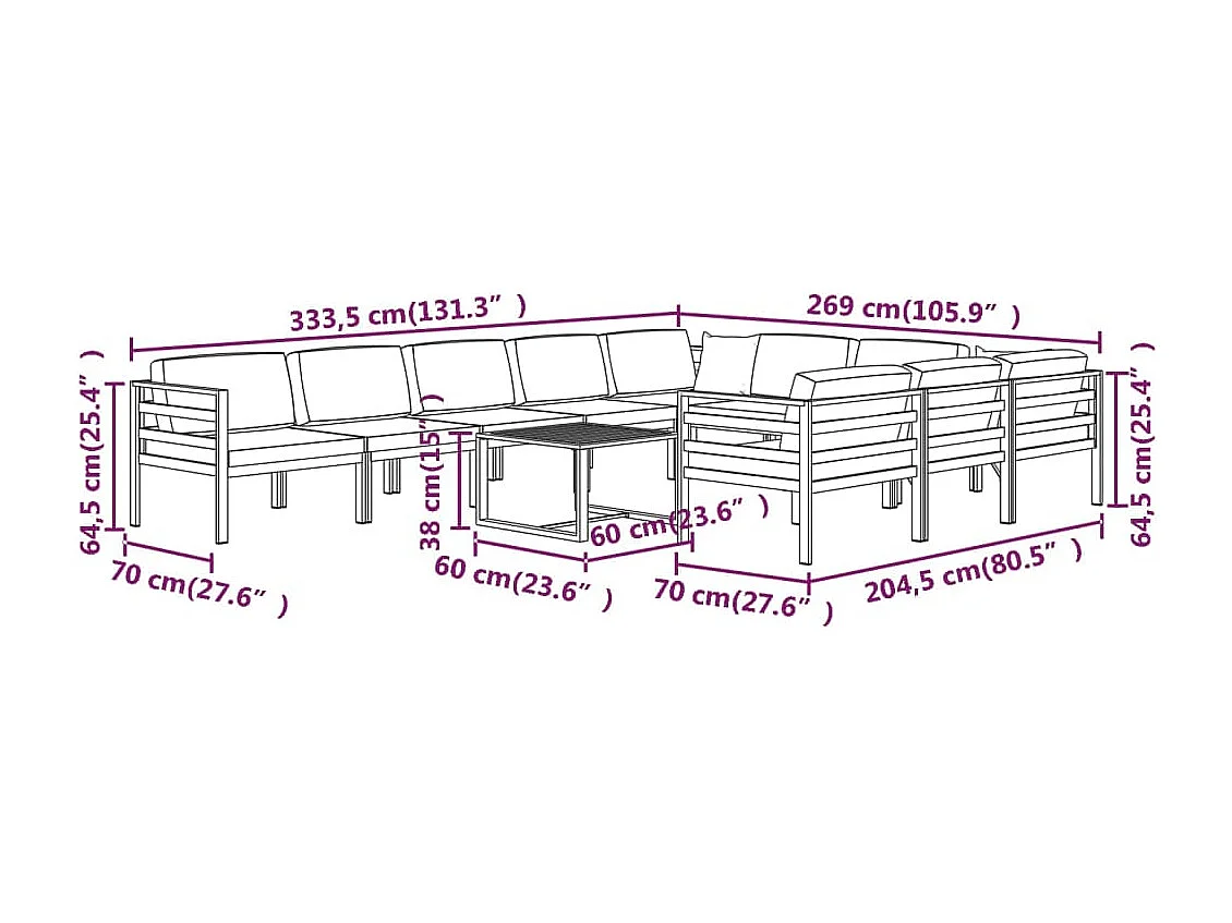 Salon de jardin 11 pcs avec coussins Aluminium Anthracite