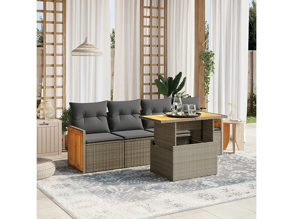 Salon de jardin 5 pcs avec coussins gris résine tressée