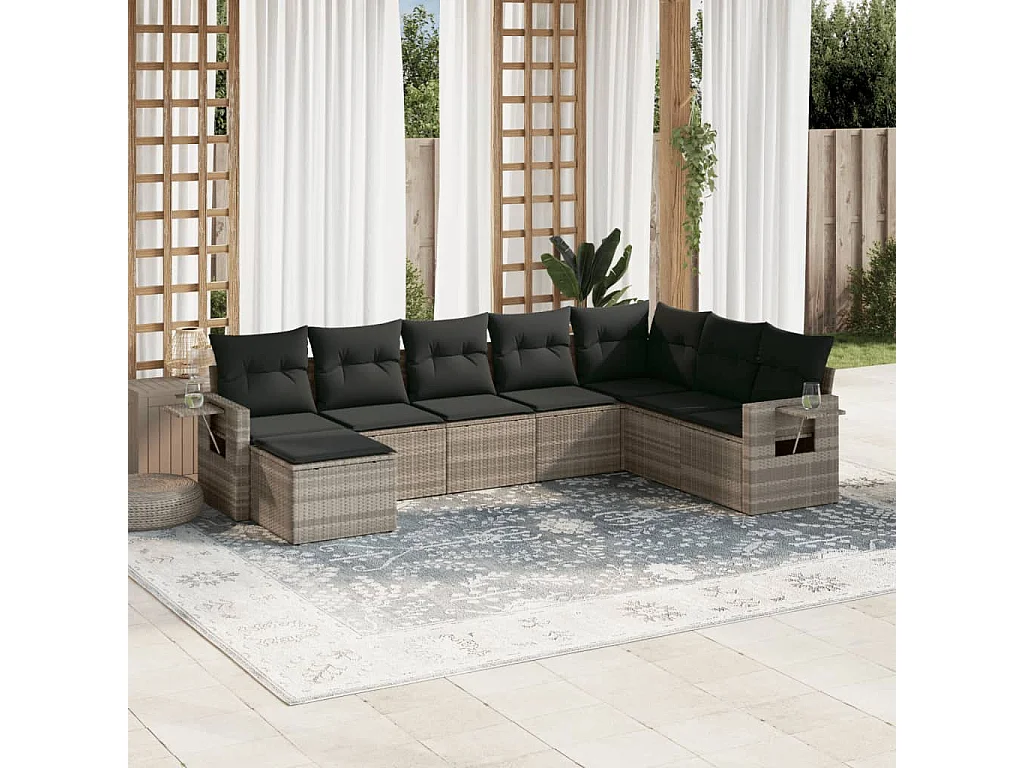 8-tlg. Garten-Sofagarnitur mit Kissen Hellgrau Poly Rattan