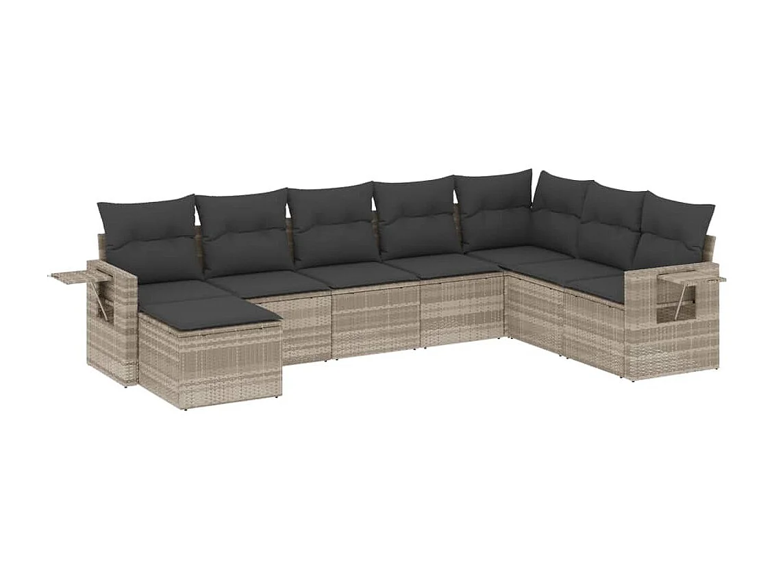 8-tlg. Garten-Sofagarnitur mit Kissen Hellgrau Poly Rattan