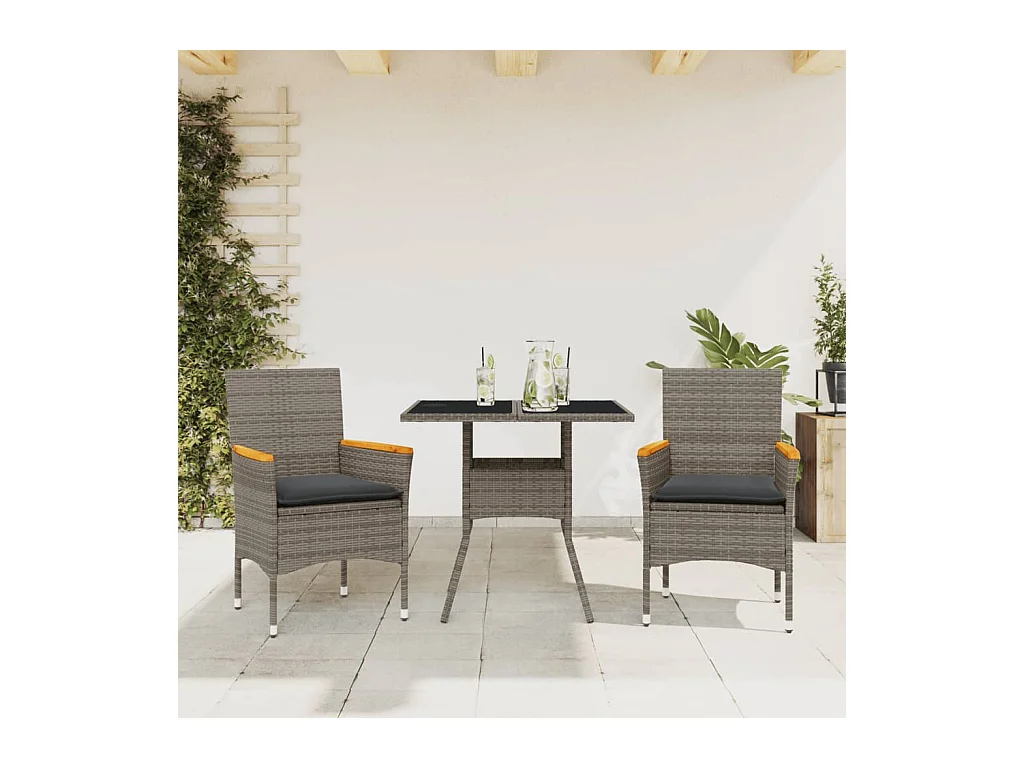 Ensemble à manger de jardin et coussins 3 pcs gris rotin verre