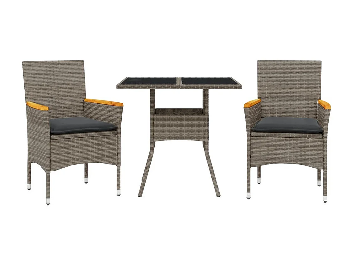3-tlg. Garten-Essgruppe mit Kissen Grau Poly Rattan und Glas