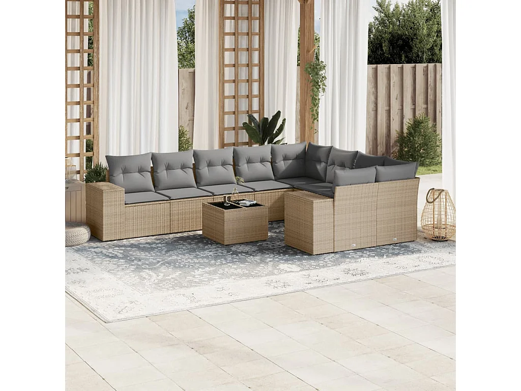 Salon de jardin avec coussins 10 pcs beige résine tressée
