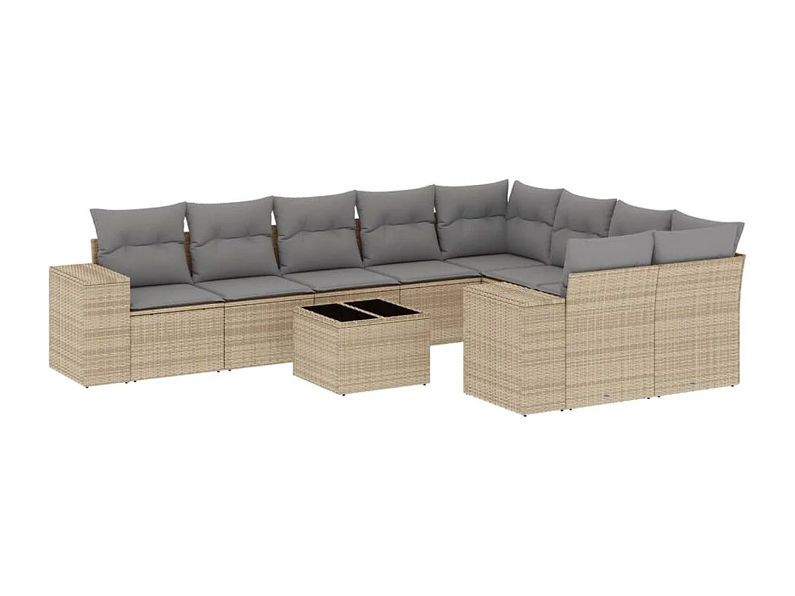 Salon de jardin avec coussins 10 pcs beige résine tressée