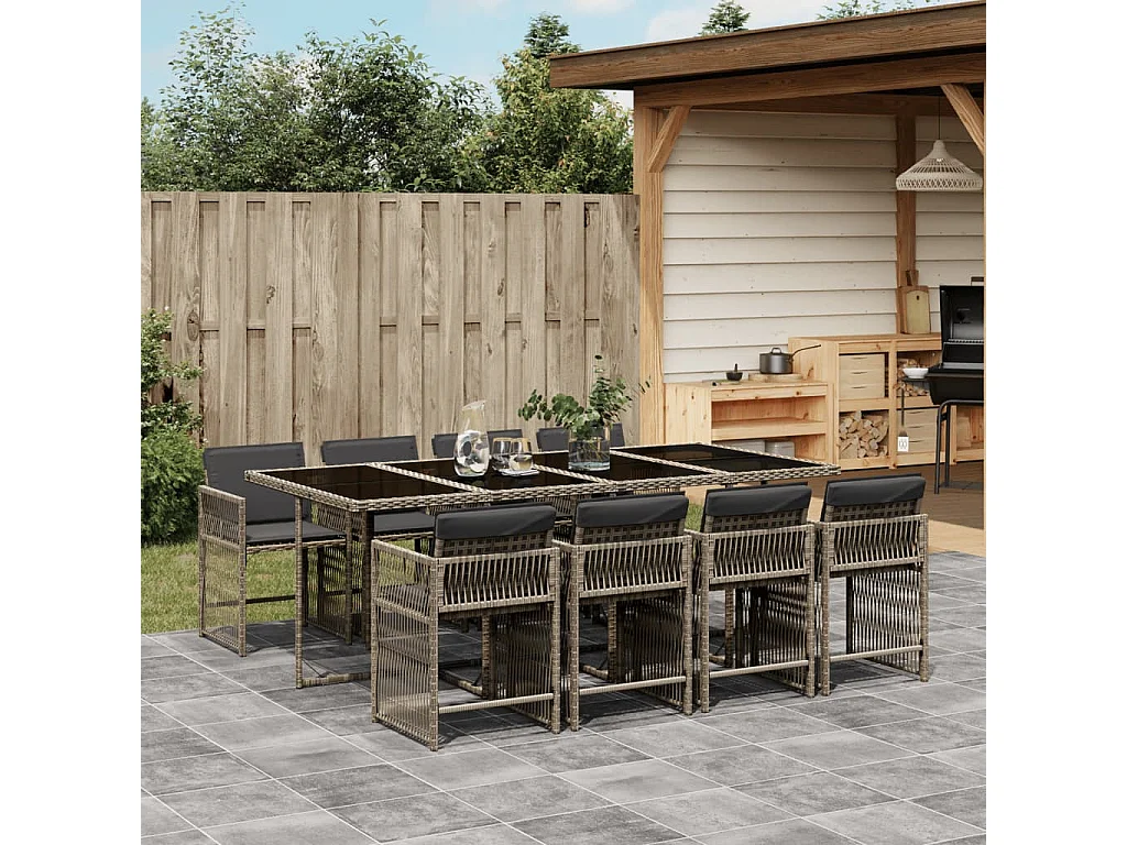 Ensemble à manger de jardin 9 pcs coussins gris résine tressée