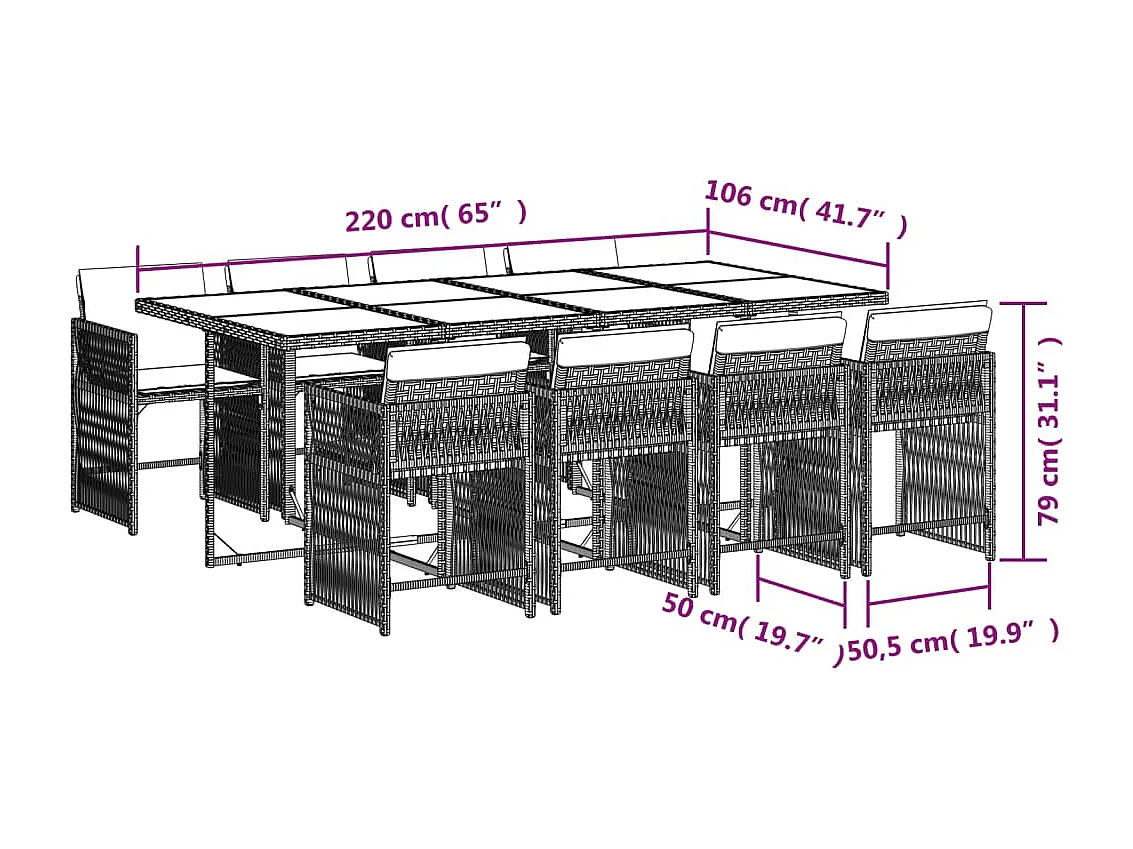 Ensemble à manger de jardin 9 pcs coussins gris résine tressée
