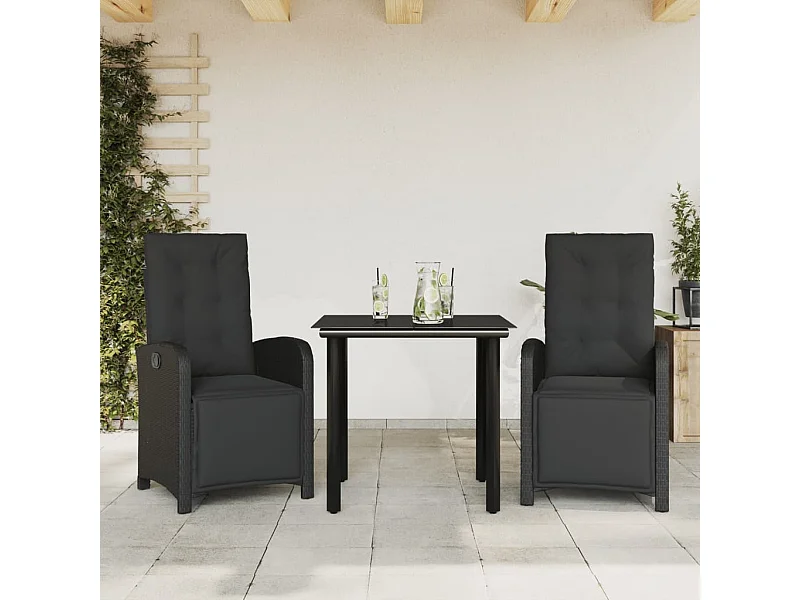 3-tlg. Bistro-Set mit Kissen Schwarz Poly Rattan