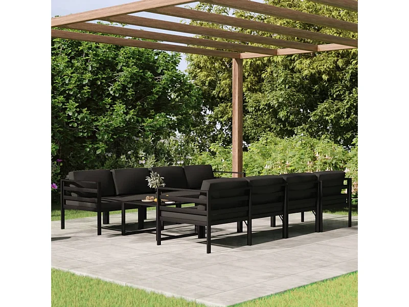 Set Divani da Giardino 9 pz con Cuscini in Alluminio Antracite