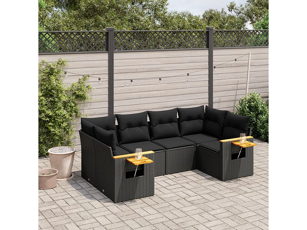 6 pcs conjunto sofás de jardim c/ almofadões vime PE preto