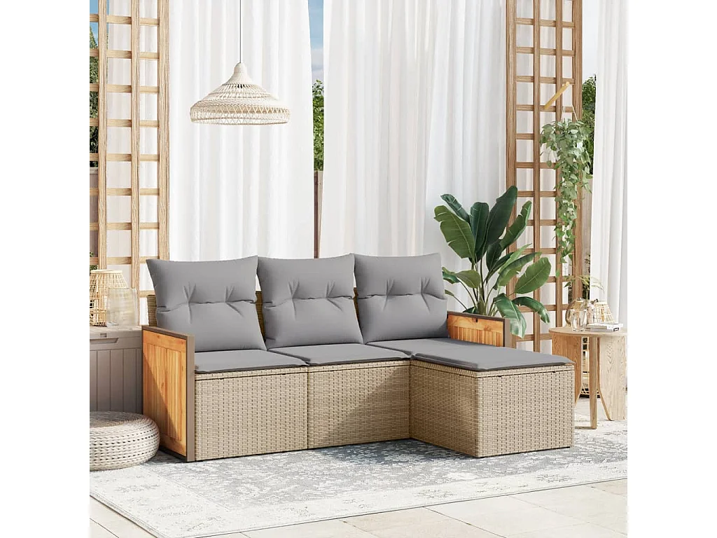 Salon de jardin avec coussins 4 pcs beige résine tressée