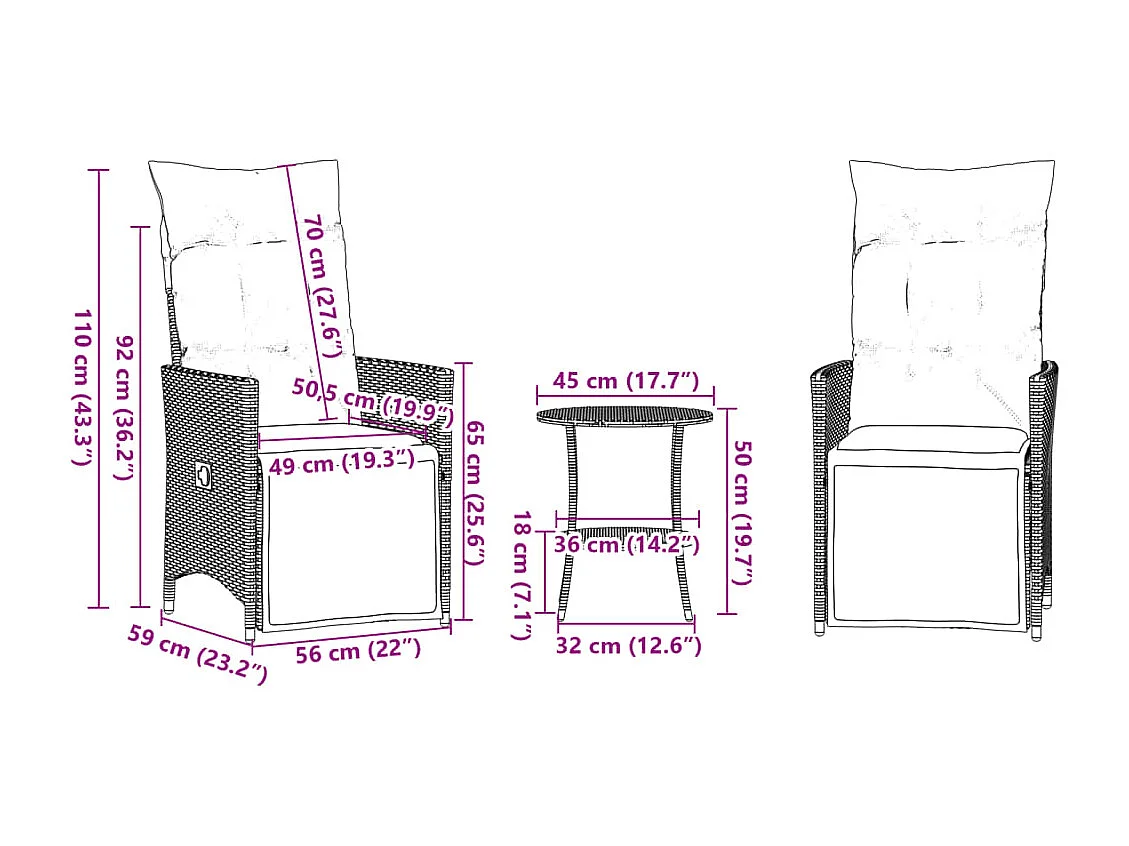 Set Bistrò 3 pz con Cuscini Marrone in Polyrattan