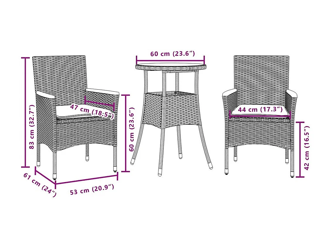 Ensemble à manger de jardin et coussins 3 pcs gris rotin verre