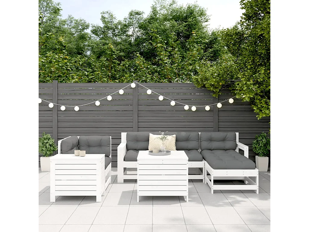 Set Divani da Giardino 7 pz Bianco in Legno Massello di Pino