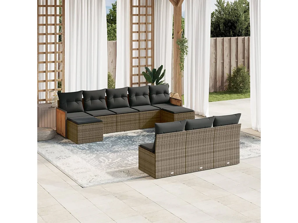 10-delige Loungeset met kussens poly rattan grijs