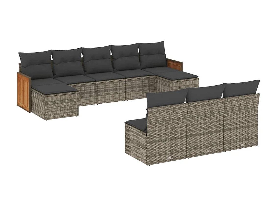10-delige Loungeset met kussens poly rattan grijs