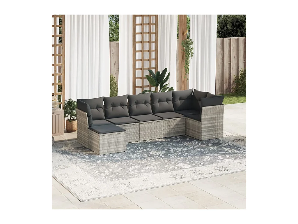 Set Divani da Giardino 7pz con Cuscini Grigio Chiaro Polyrattan