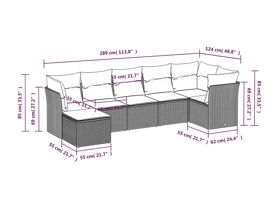 Set Divani da Giardino 7pz con Cuscini Grigio Chiaro Polyrattan