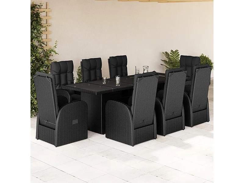 Set de comedor de jardín 9 pzas y cojines ratán sintético negro