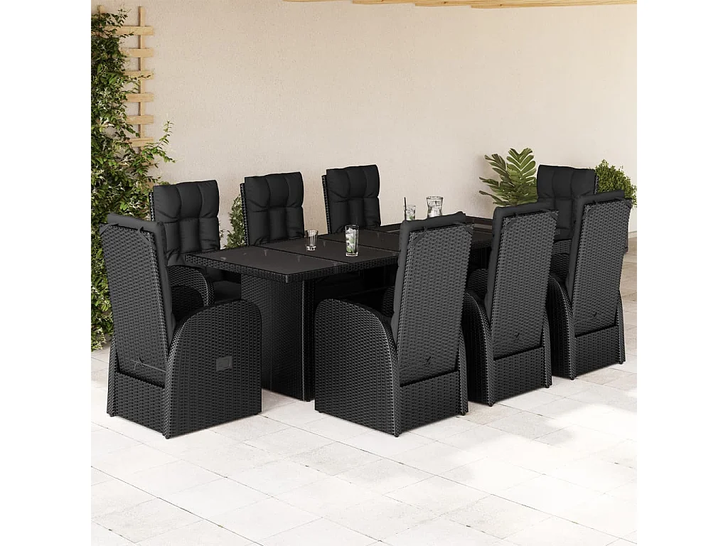 Set de comedor de jardín 9 pzas y cojines ratán sintético negro