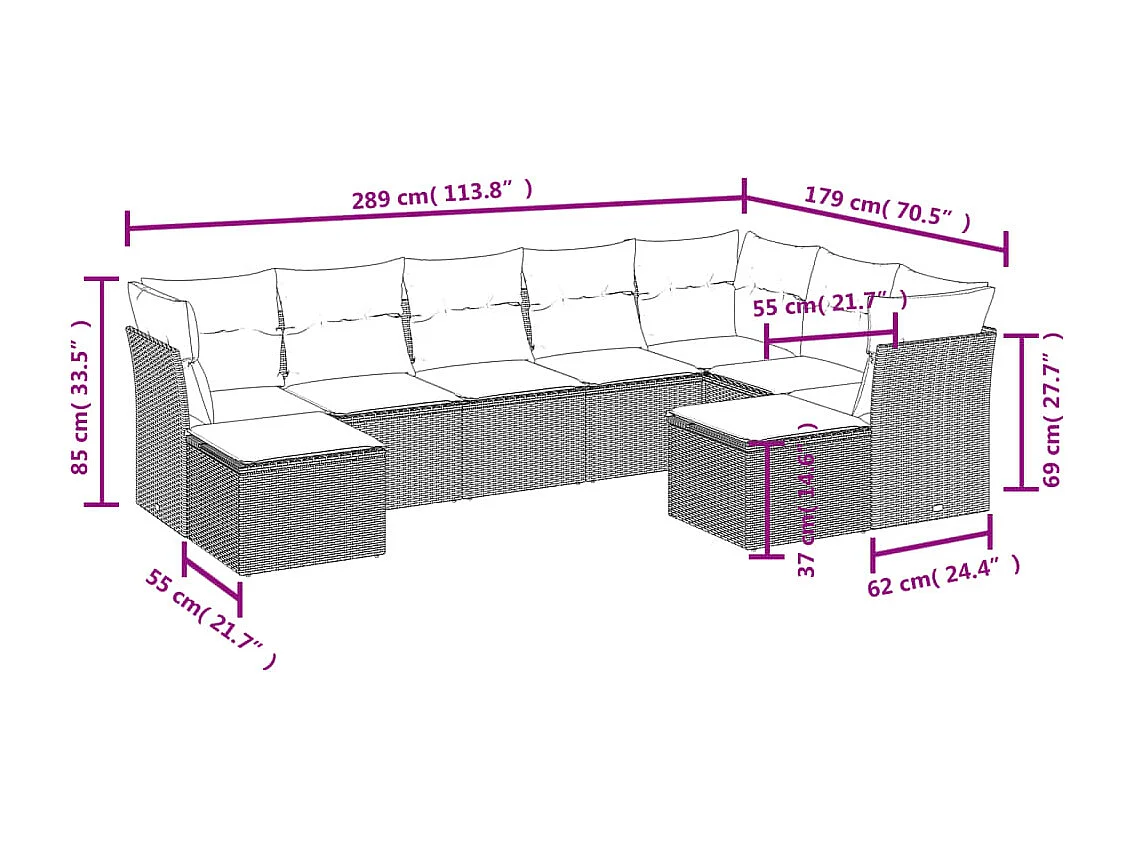Set Divani da Giardino 9pz con Cuscini Marrone in Polyrattan