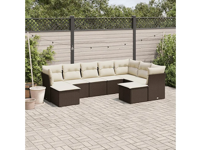 Set Divani da Giardino 9pz con Cuscini Marrone in Polyrattan