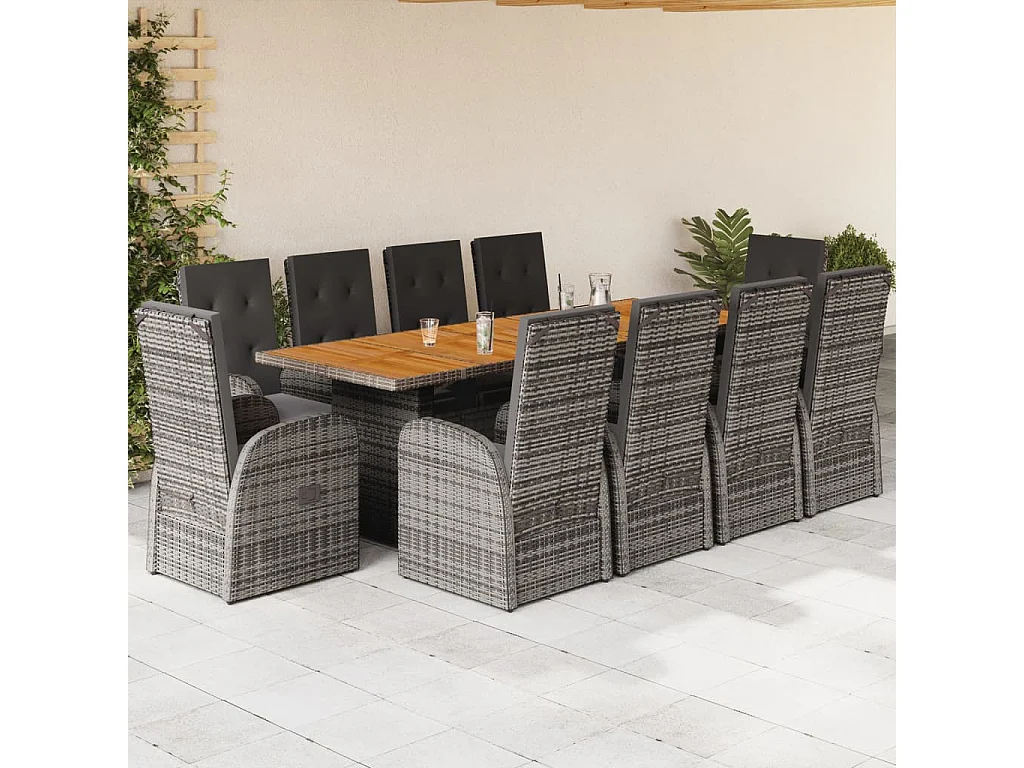 Ensemble à manger de jardin 11pcs avec coussins gris poly rotin