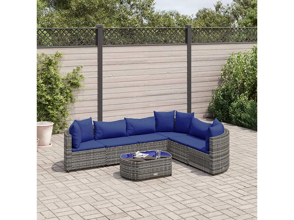 Salon de jardin avec coussins 7 pcs gris résine tressée