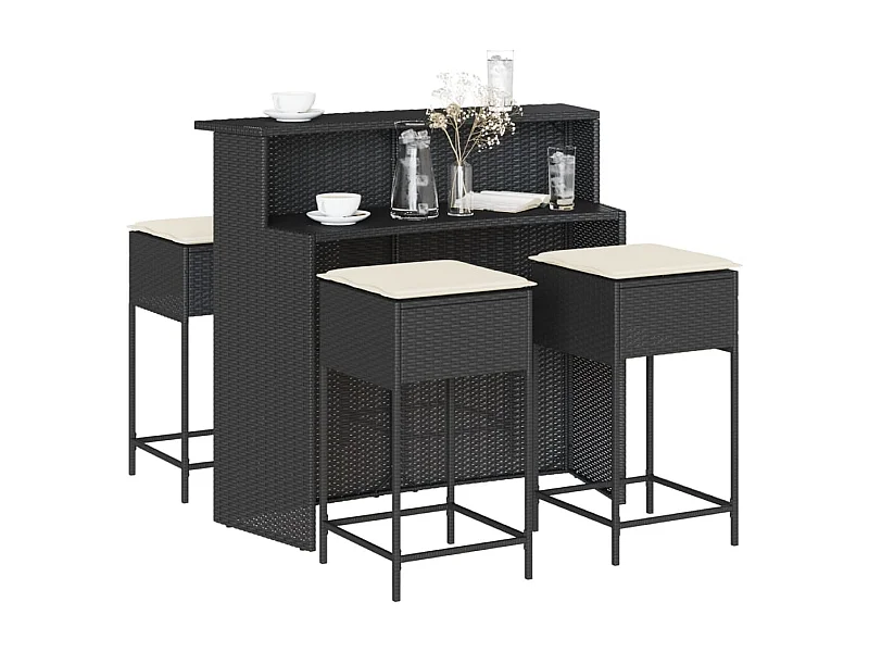 5-delige Tuinbarset met kussens poly rattan zwart