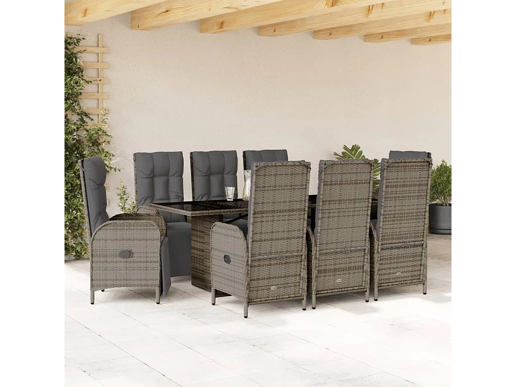 9 pcs conjunto de jantar p/ jardim c/ almofadões vime PE cinza