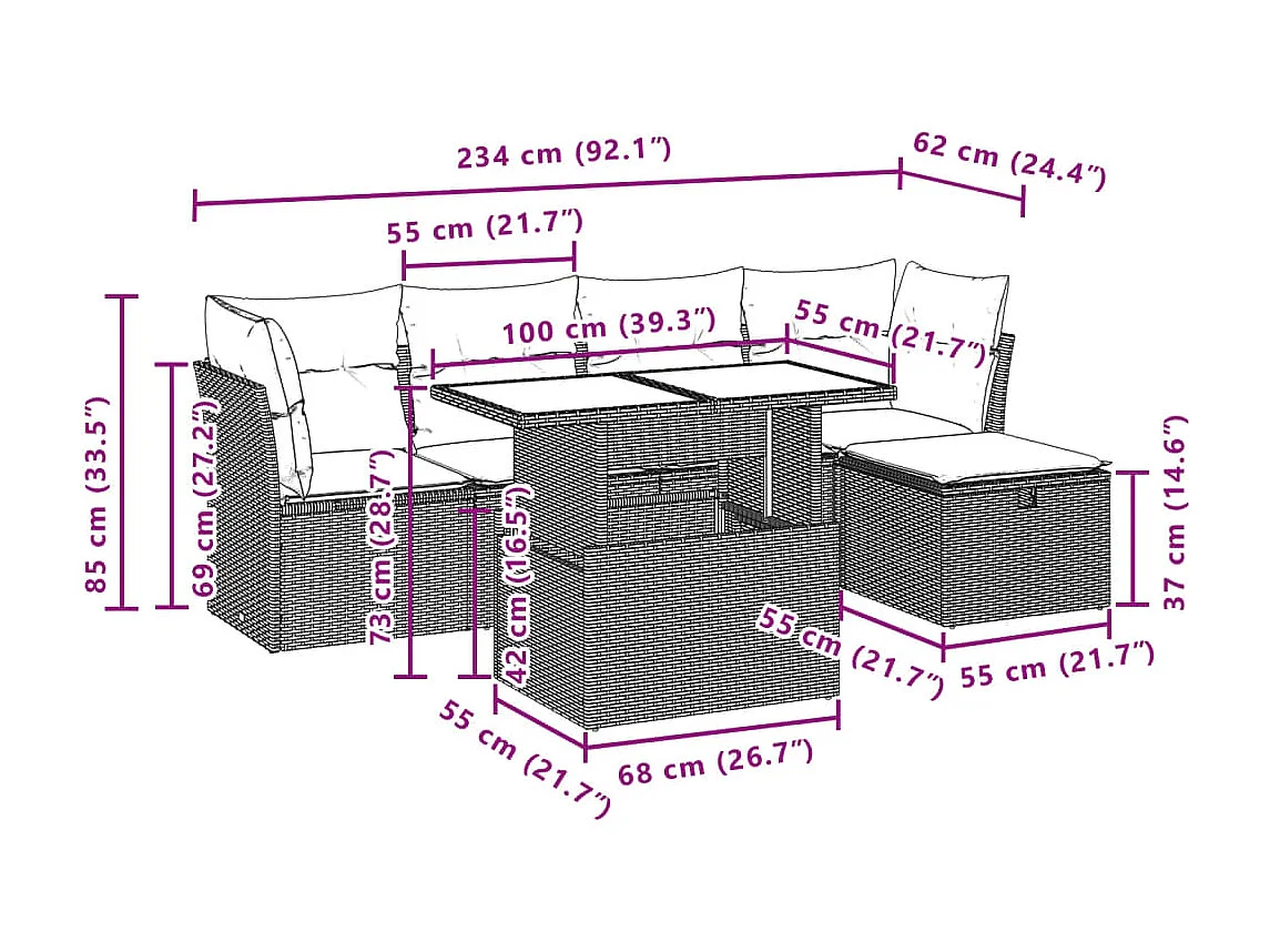 Salon de jardin avec coussins 6 pcs marron résine tressée