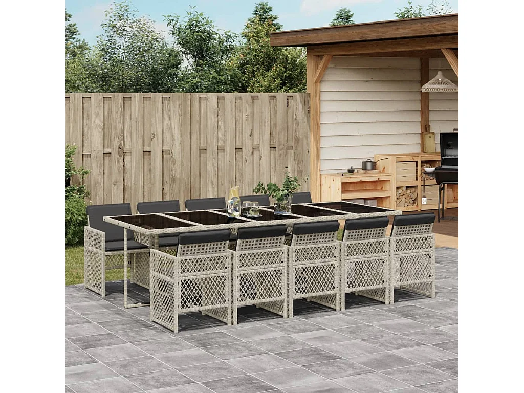 Ensemble à manger de jardin 11pcs avec coussins gris poly rotin