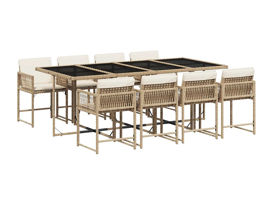 9 pcs conjunto de jantar p/ jardim com almofadões vime PE bege