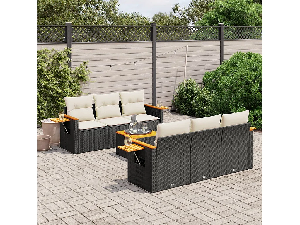 7-delige Loungeset met kussens poly rattan zwart