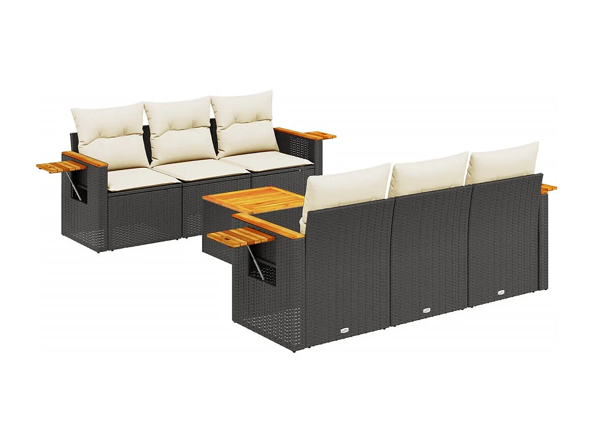 7-delige Loungeset met kussens poly rattan zwart