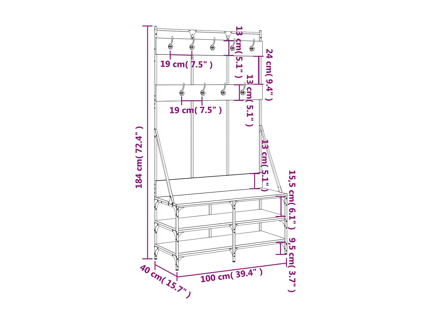 Porte-vêtements et rangement des chaussures noir 100x40x184 cm