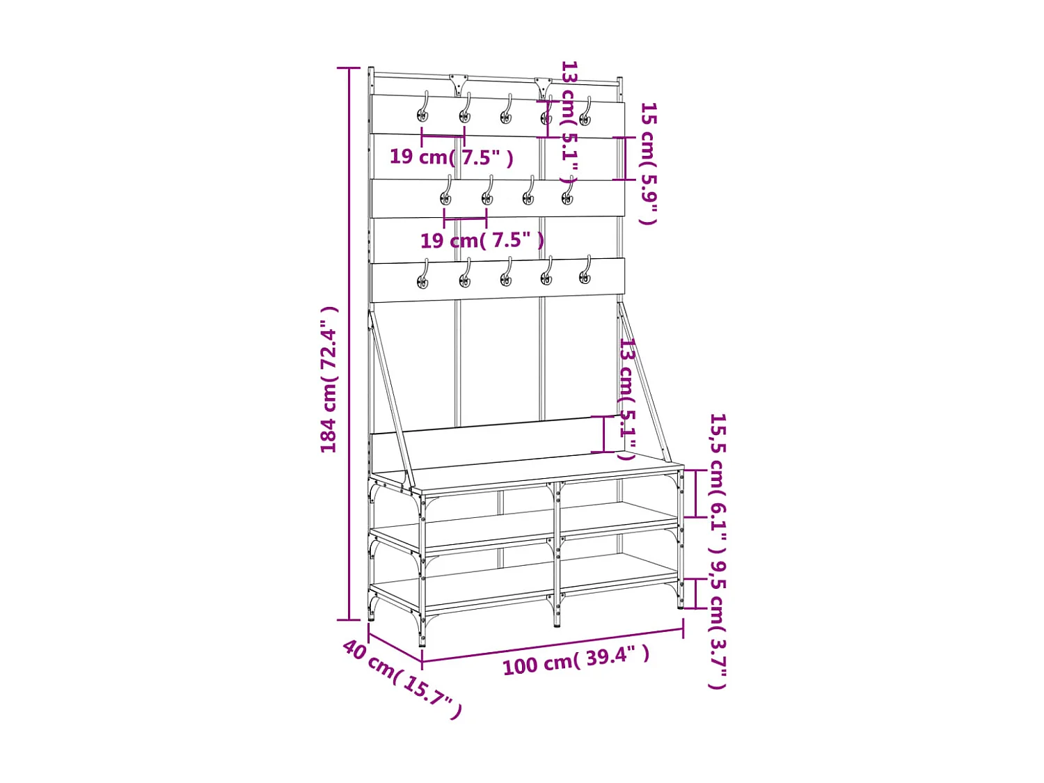 Porte-vêtements et rangement des chaussures noir 100x40x184 cm
