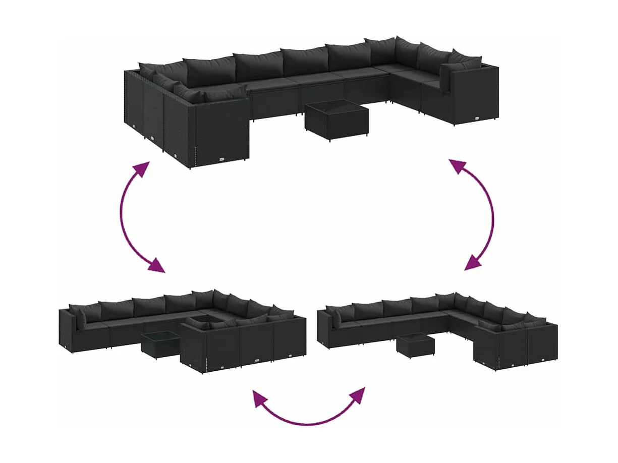 11-delige Loungeset met kussens poly rattan zwart