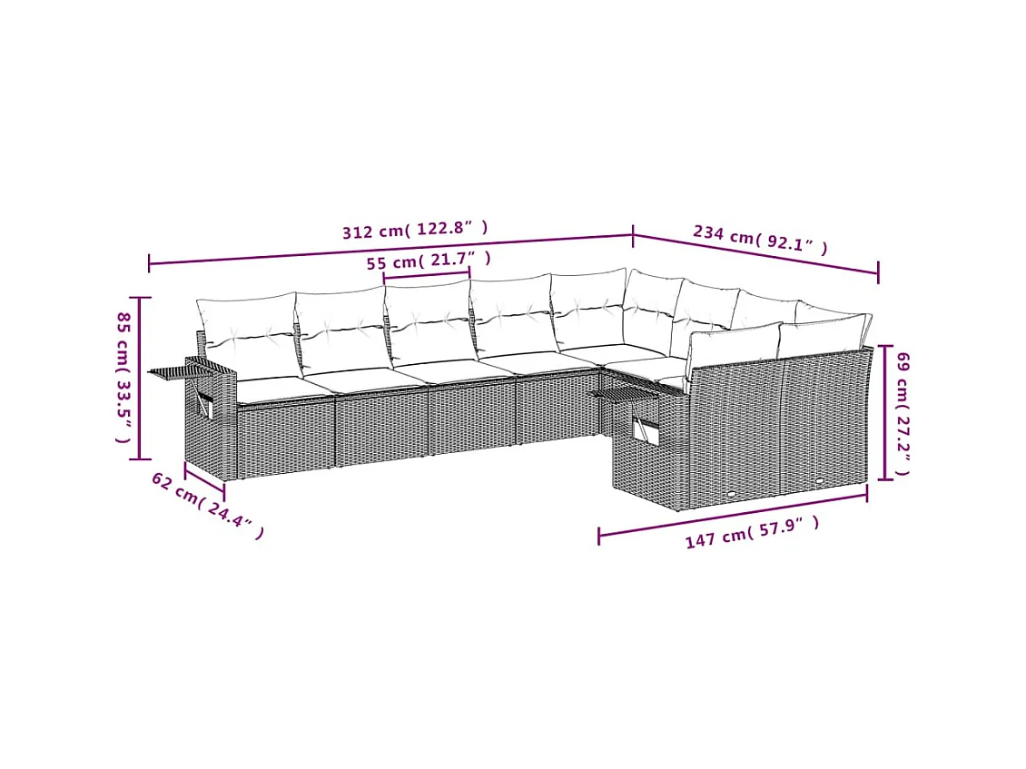 9-tlg. Garten-Sofagarnitur mit Kissen Braun Poly Rattan