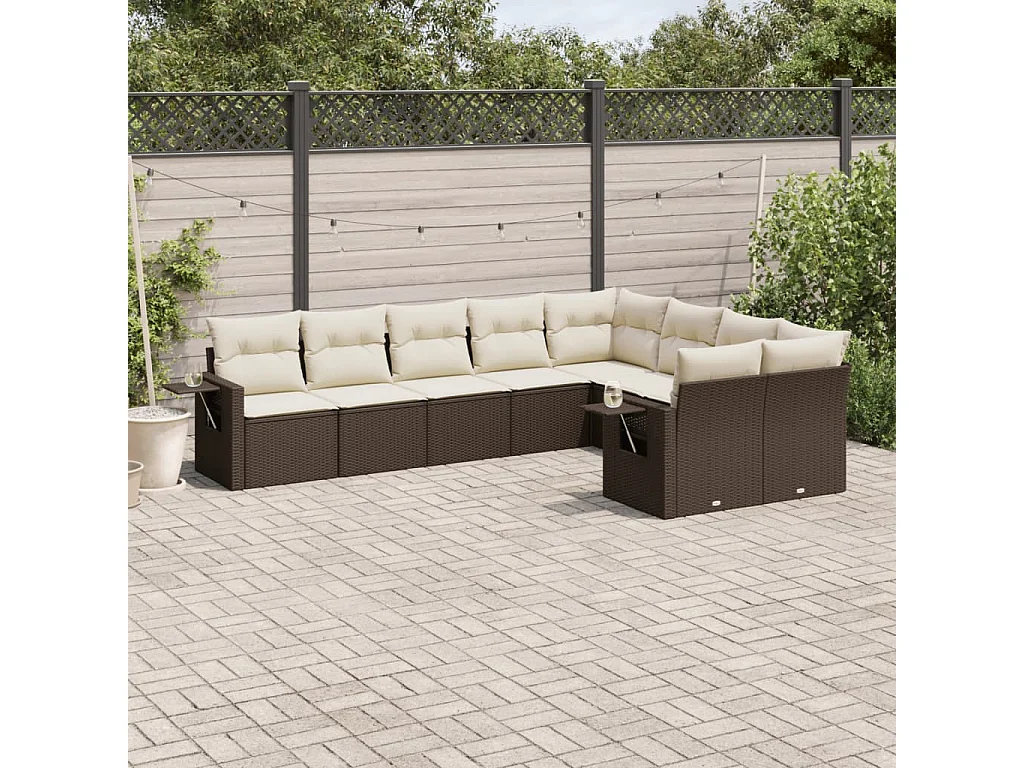 Salon de jardin avec coussins 9 pcs marron résine tressée