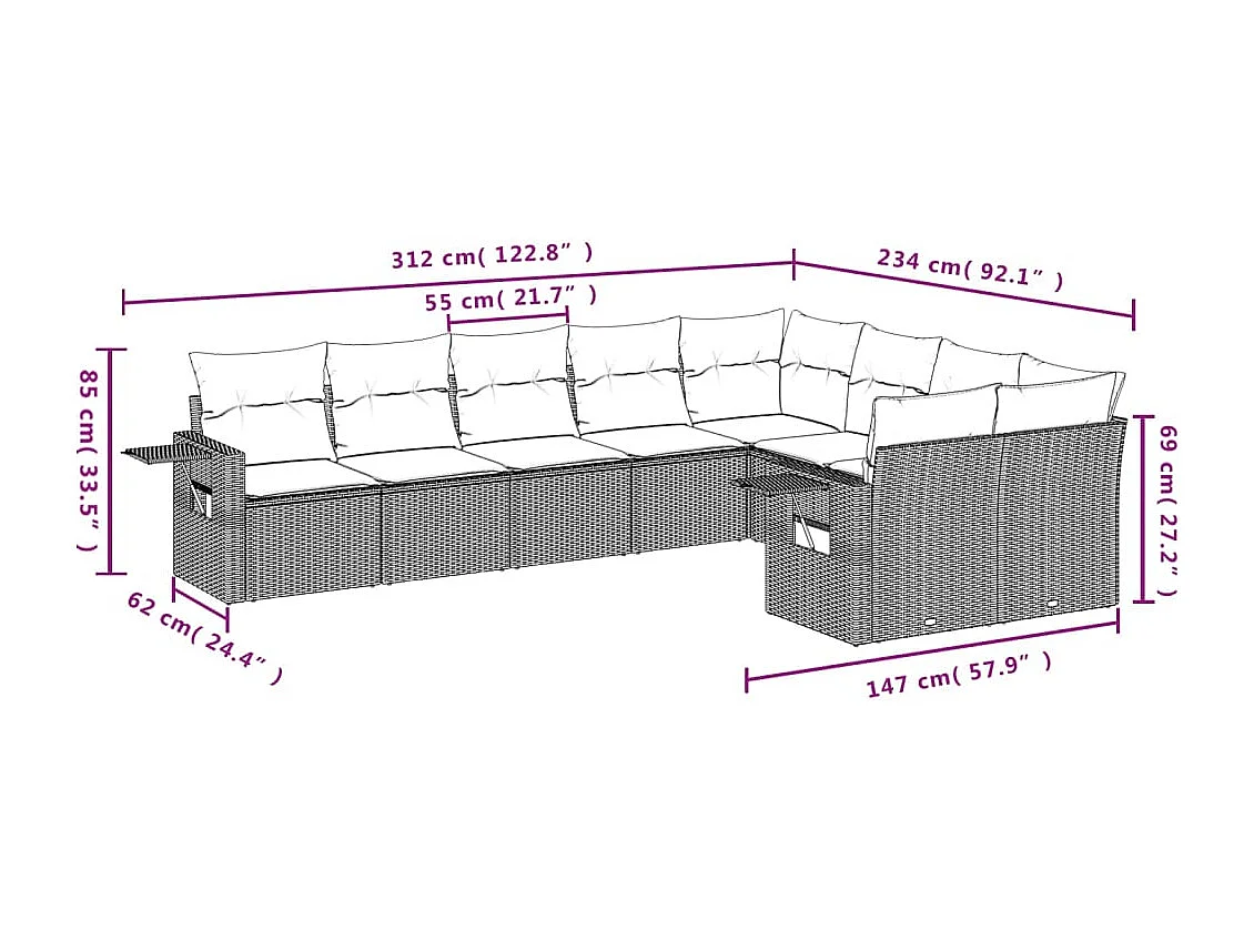 Salon de jardin avec coussins 9 pcs marron résine tressée