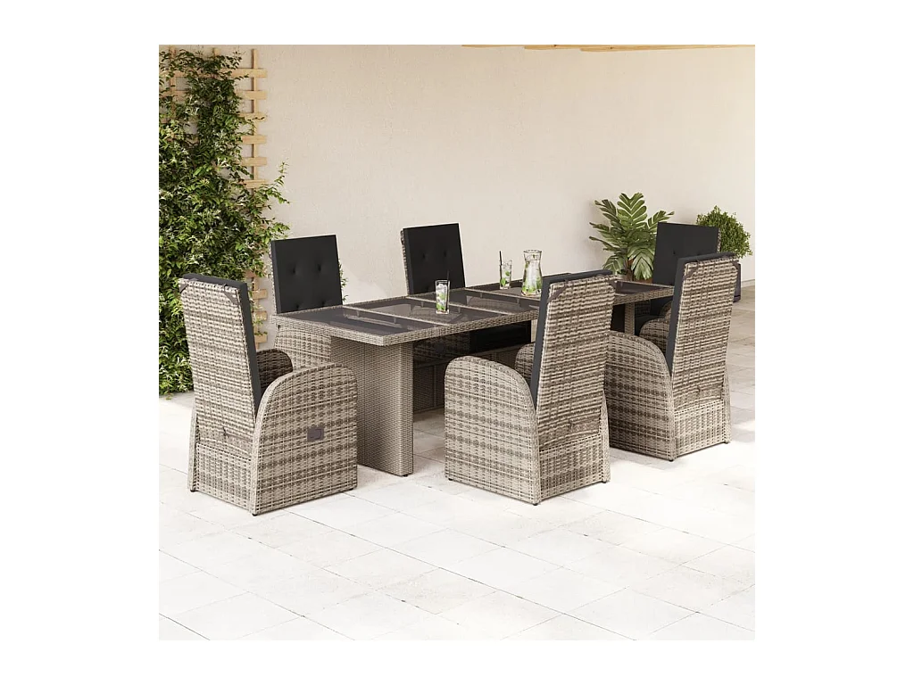 7 pcs conjunto de jantar p/ jardim c/ almofadões vime PE cinza