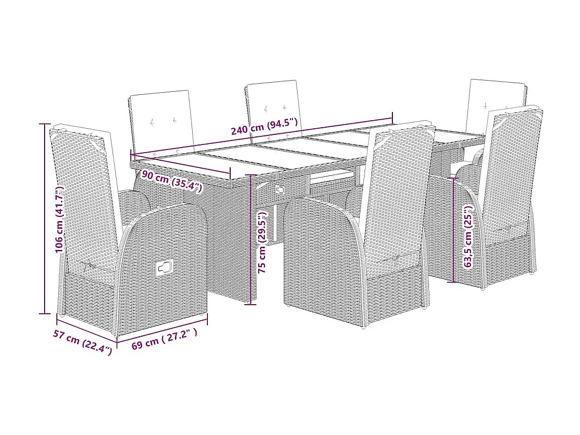 Set da Pranzo da Giardino 7 pz con Cuscini in Polyrattan Grigio