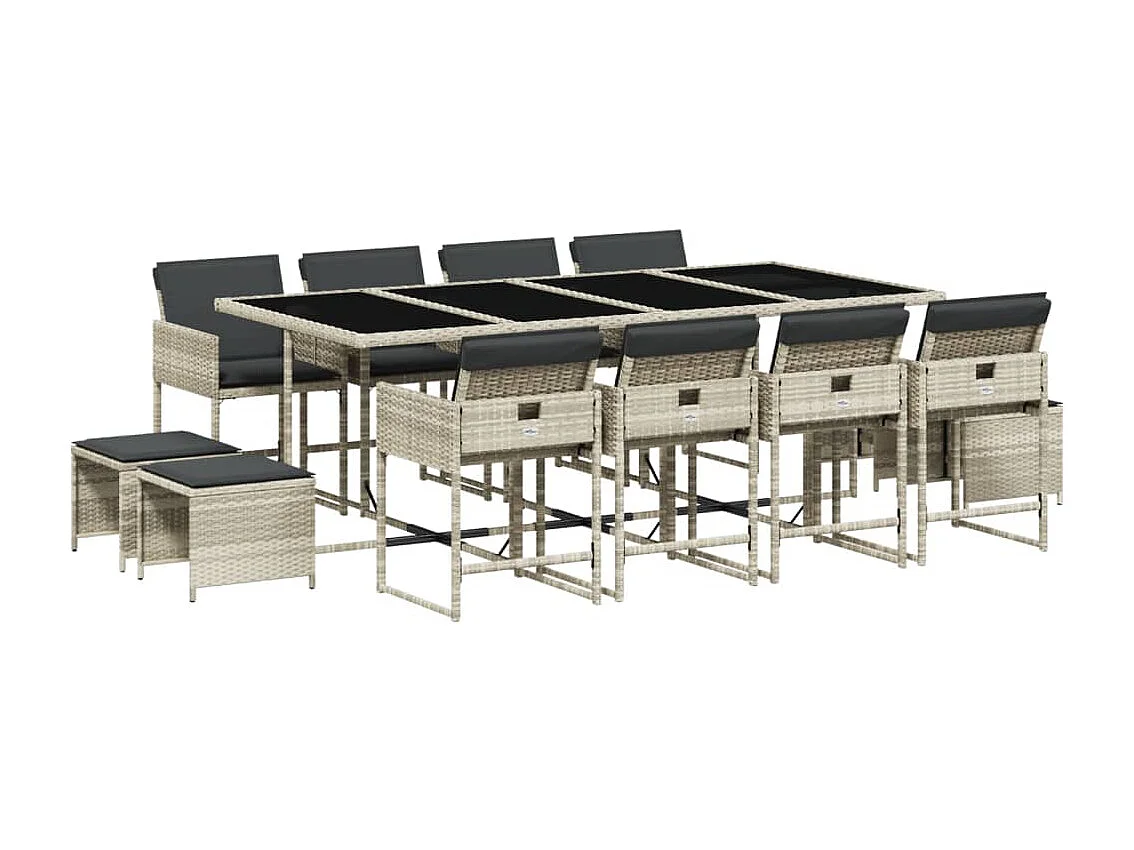 13 pcs conj. jantar jardim c/ almofadões vime PE cinzento-claro