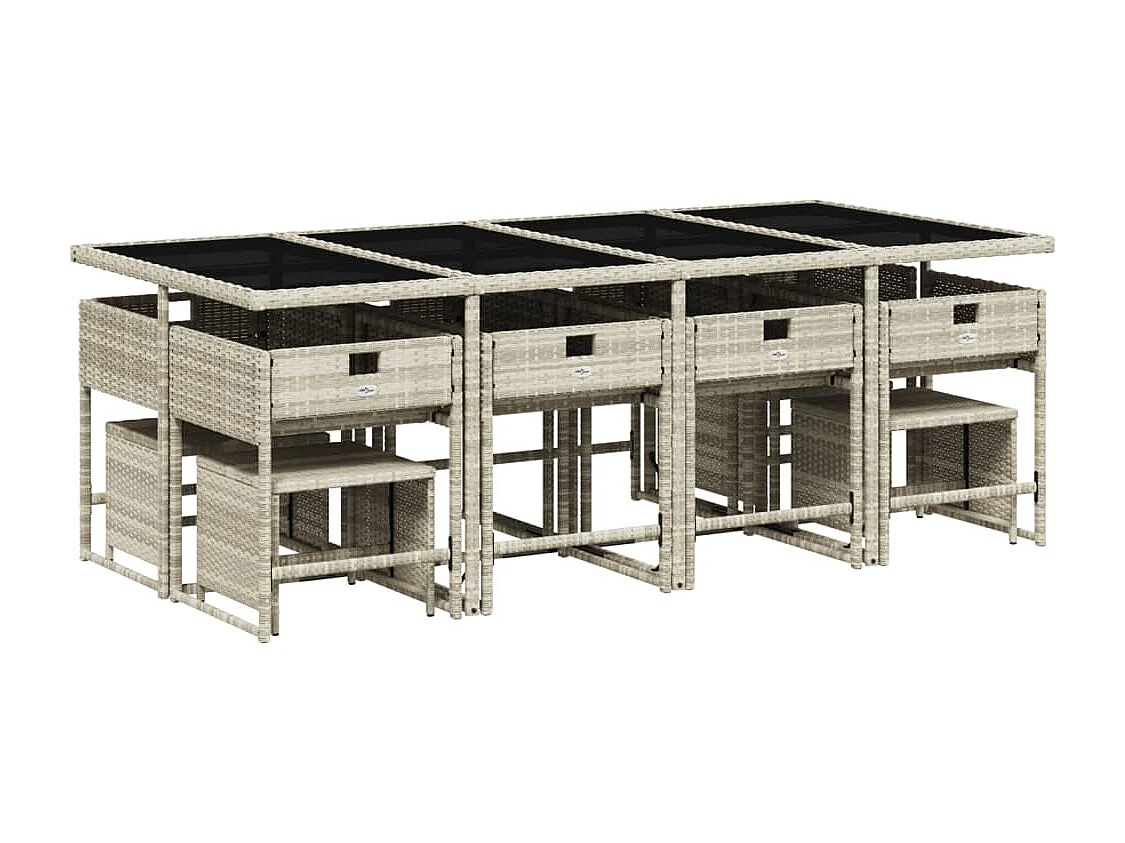 13 pcs conj. jantar jardim c/ almofadões vime PE cinzento-claro