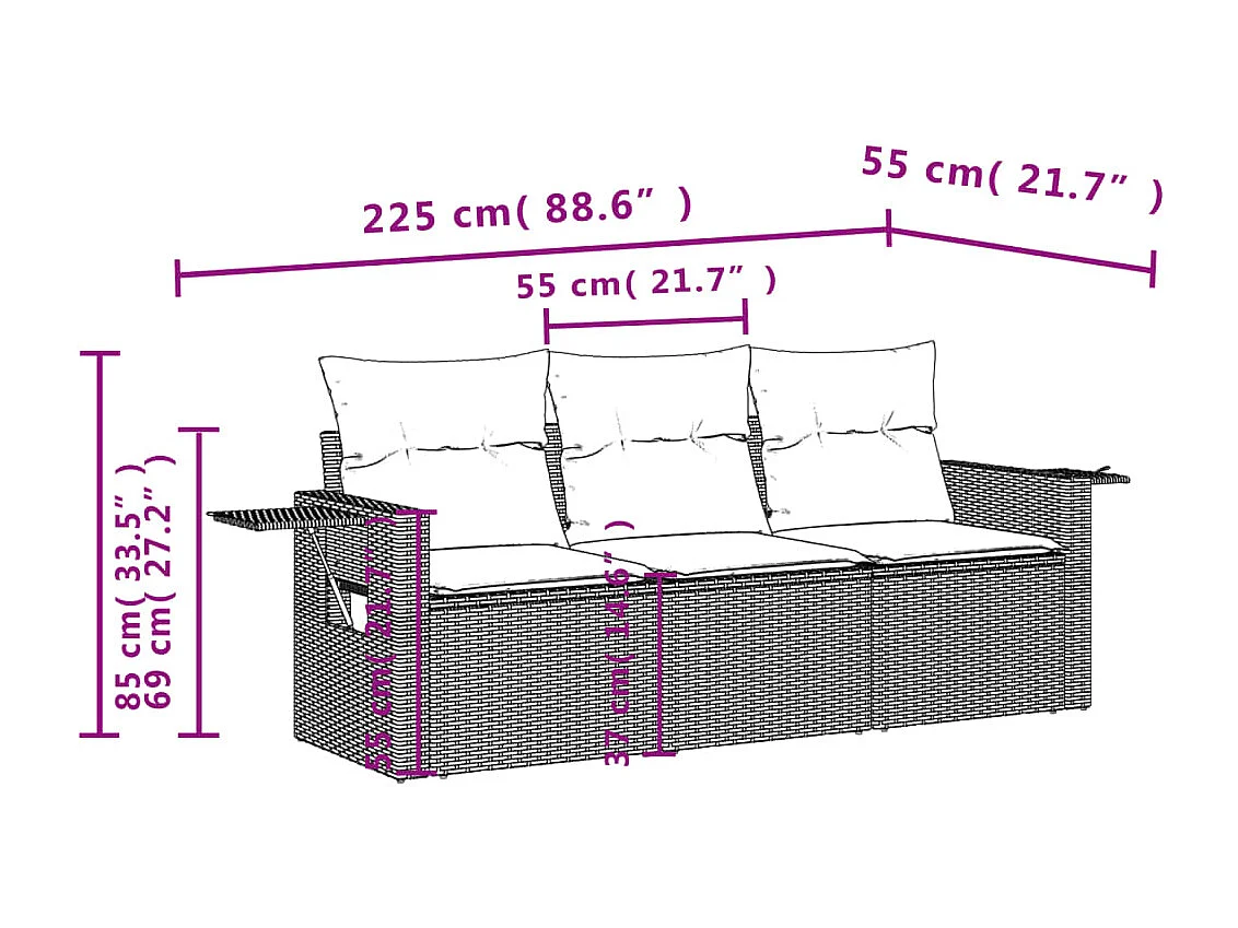 Salon de jardin avec coussins 3 pcs marron résine tressée