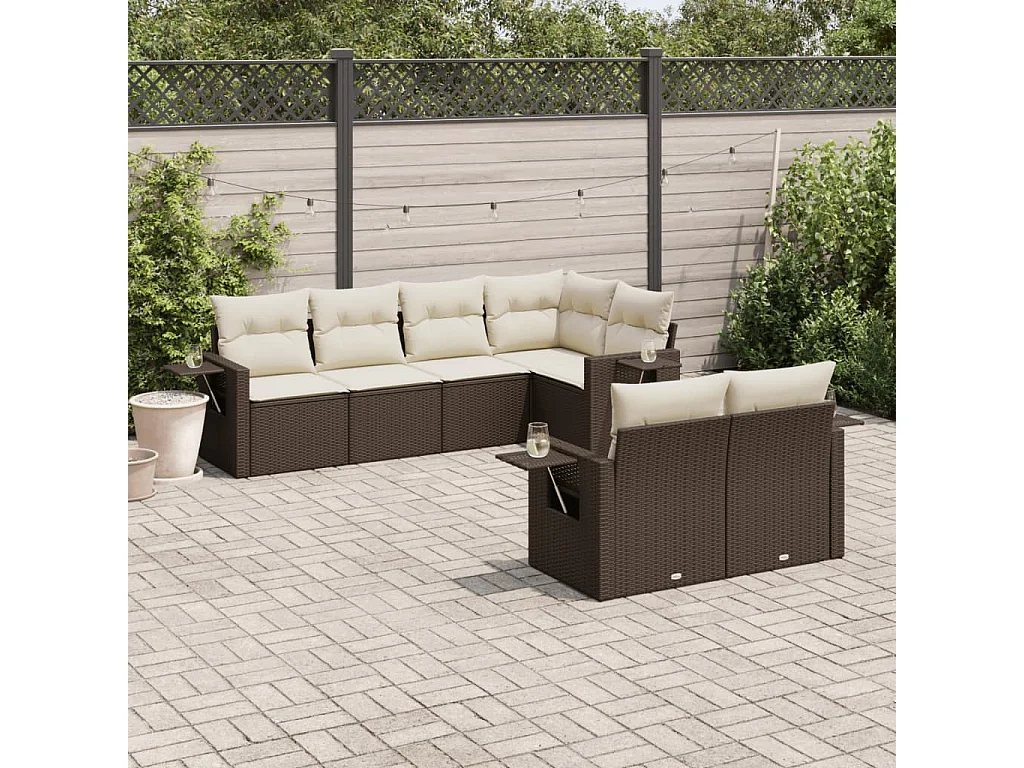 Set Divani da Giardino 7 pz con Cuscini Marrone in Polyrattan