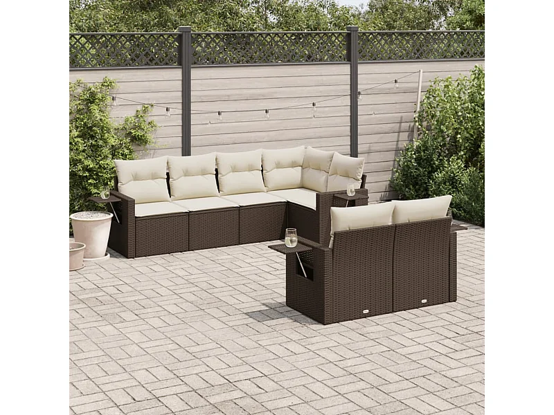 Set Divani da Giardino 7 pz con Cuscini Marrone in Polyrattan