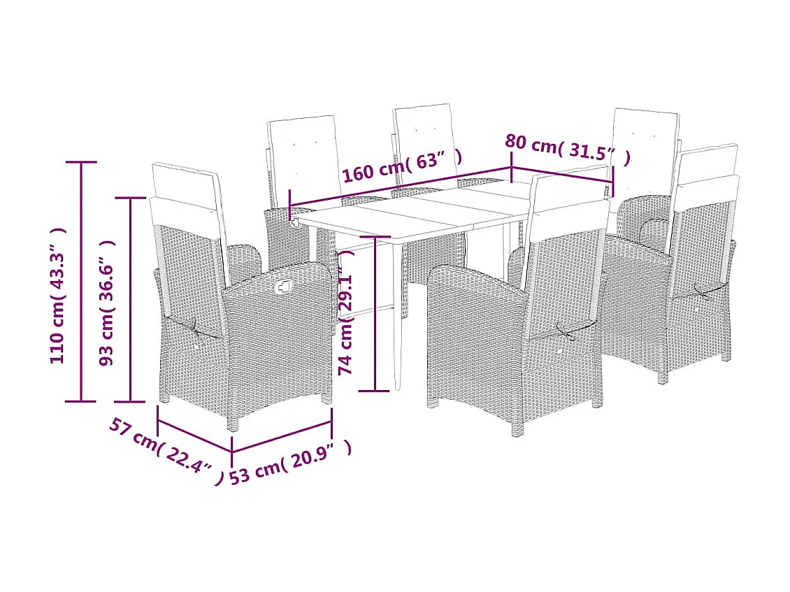 Ensemble à manger de jardin et coussins 7 pcs gris rotin